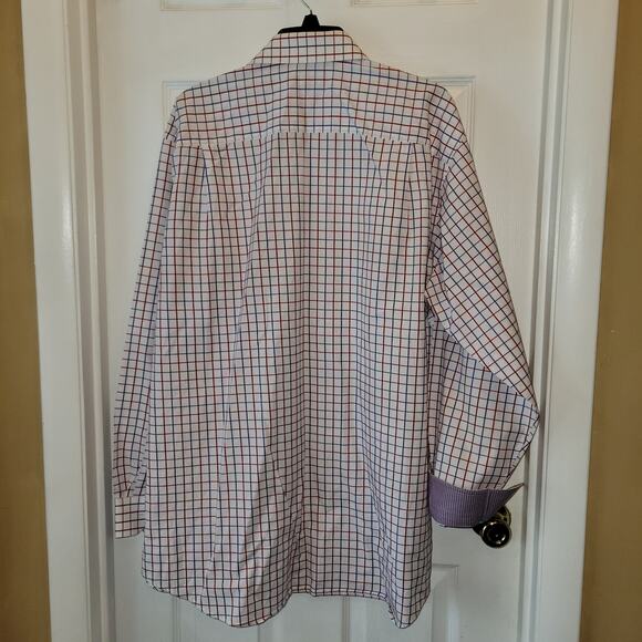 PAUL FREDERICK Dress Shirt Red White Blue Plaid 2-Ply Cotton Contrasting Cuff 17 - Picture 4 of 6